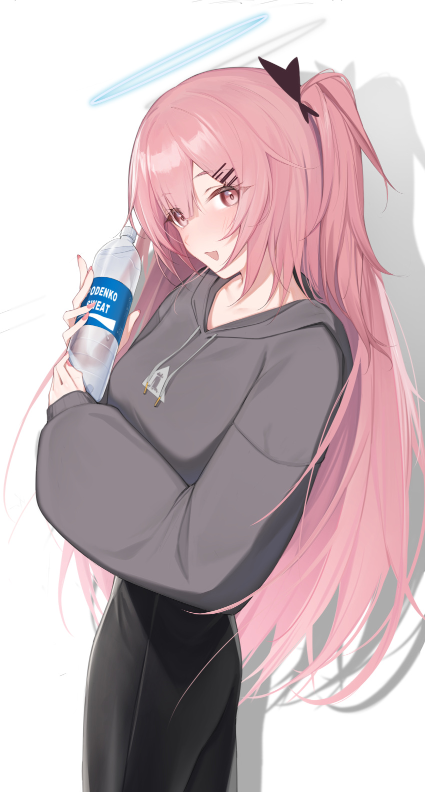 1girl :d absurdres ambriel_(arknights) arknights black_skirt blush bottle brand_name_imitation breasts commentary_request commission drawstring drop_shadow grey_hoodie hair_between_eyes hair_ornament hairclip halo highres holding holding_bottle hood hood_down hoodie long_hair long_sleeves medium_breasts pink_hair pixiv_commission pocari_sweat puffy_long_sleeves puffy_sleeves r_oot red_eyes skirt sleeves_past_wrists smile solo very_long_hair white_background