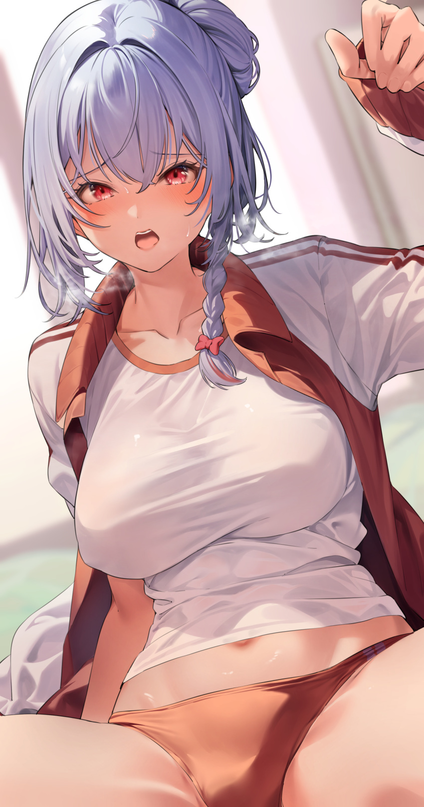 1girl :o absurdres amagimei blue_archive blush bow braid breasts buruma collarbone grey_hair hair_bow hair_bun hair_ornament hand_up haruna_(blue_archive) haruna_(track)_(blue_archive) highres jacket large_breasts long_sleeves looking_at_viewer official_alternate_costume open_clothes open_jacket open_mouth red_bow red_buruma shirt single_hair_bun solo teeth upper_teeth_only white_jacket white_shirt