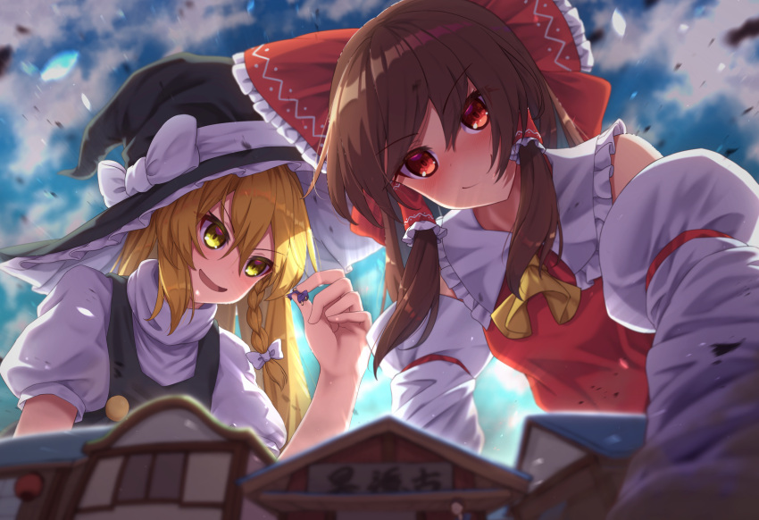 &gt;:) 1other 2girls ascot black_vest blonde_hair blush bow braid brown_hair check_commentary closed_mouth cloud commentary_request commission debris detached_sleeves frilled_bow frilled_hair_tubes frills from_below giant giantess hair_bow hair_tubes hakurei_reimu hat hat_bow highres kirisame_marisa lifting_person long_hair looking_at_viewer multiple_girls open_mouth red_bow red_shirt shirt size_difference skeb_commission smile sunlight touhou v-shaped_eyebrows vest village white_bow white_shirt witch yellow_ascot yosshy