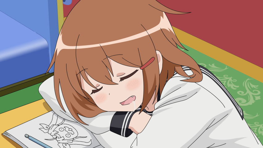 1girl brown_eyes brown_hair carpet couch crossed_arms fang highres ikazuchi_(kancolle) kantai_collection mechanical_pencil open_mouth paper parody pencil short_hair sleeping solo style_parody sugapi