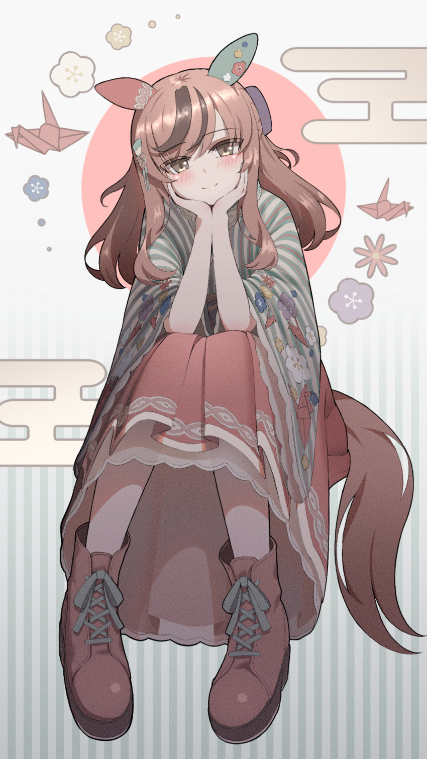 1girl animal_ears brown_eyes brown_footwear brown_hair hair_between_eyes hair_down highres horse_ears horse_girl japanese_clothes kimono long_sleeves looking_at_viewer medium_hair multicolored_hair nice_nature_(converging_wishes)_(umamusume) nice_nature_(umamusume) nsb36046_(na) official_alternate_costume official_alternate_hairstyle origami paper_crane sitting solo streaked_hair striped_clothes striped_kimono umamusume vertical-striped_clothes vertical-striped_kimono wide_sleeves