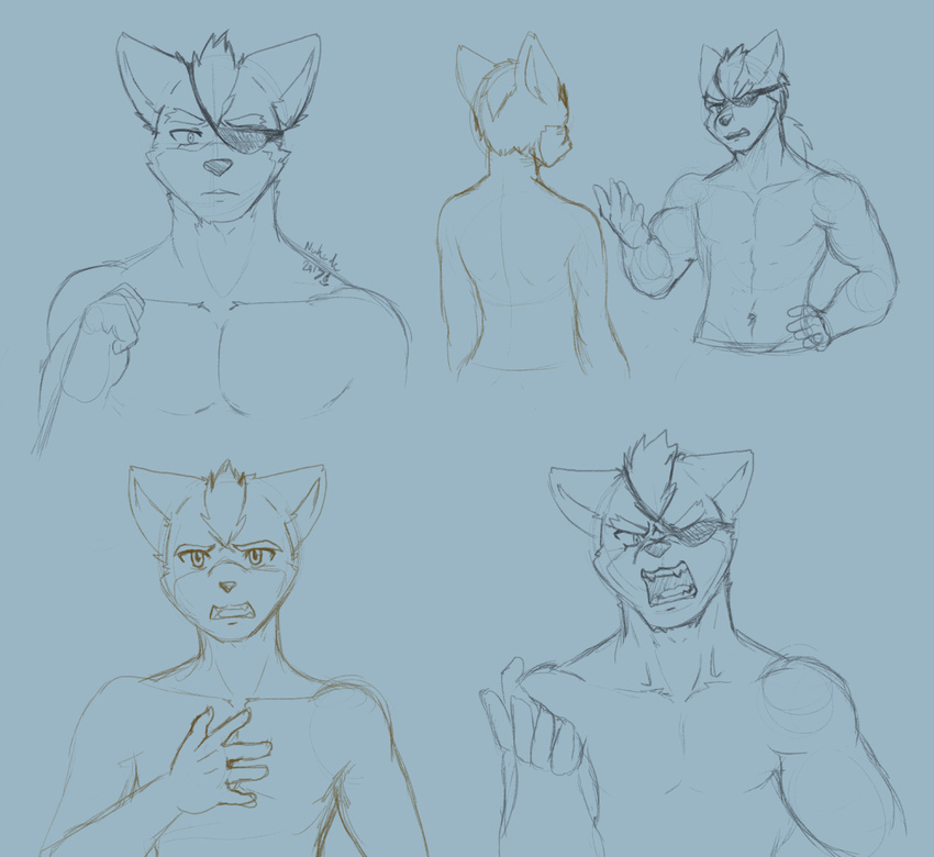 anthro canine duo eye_patch eyewear fox fox_mccloud greyscale hi_res male male/male mammal monochrome nintendo nude nukde ponytail star_fox video_games wolf wolf_o'donnell