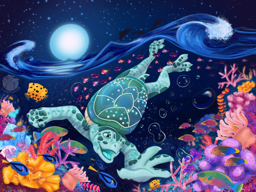 ambiguous_gender anthozoan anthro bubble cnidarian coral coral_reef digital_media_(artwork) digital_painting_(artwork) green_body green_scales green_shell hi_res light luckfoxo33 marine moon moonlight open_mouth open_smile reptile scales scalie sea_turtle shell smile solo turtle underwater water wave wide_eyed