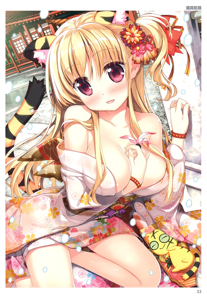 absurdres animal_ears bangs bare_shoulders blonde_hair blush breasts collarbone eyebrows_visible_through_hair floral_print fujima_takuya hagoita hair_ornament hanetsuki highres holding japanese_clothes kimono large_breasts looking_at_viewer non-web_source off_shoulder open_mouth original outdoors paddle red_eyes scan side_ponytail smile snow solo tail tiger_ears tiger_tail toranoana