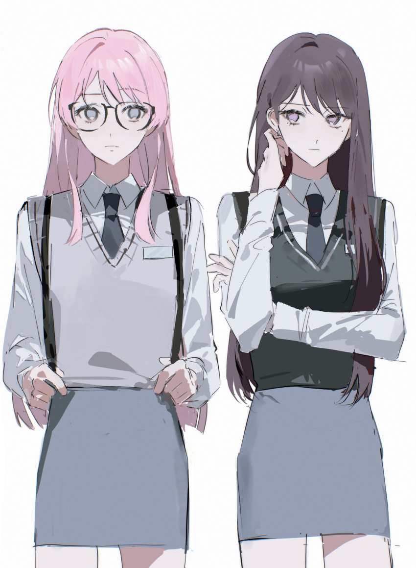 2girls backpack bag bang_dream! bang_dream!_it's_mygo!!!!! black_sweater blue_necktie brown_hair chihaya_anon closed_mouth collared_shirt commentary crossed_arms dress_shirt earrings glasses grey_eyes grey_skirt grey_sweater_vest hand_up highres jewelry long_hair long_sleeves looking_at_viewer mole mole_under_eye multiple_girls necktie pencil_skirt pink_hair purple_eyes qing_yan_xia school_uniform shiina_taki shirt simple_background skirt sweater sweater_vest white_background white_shirt