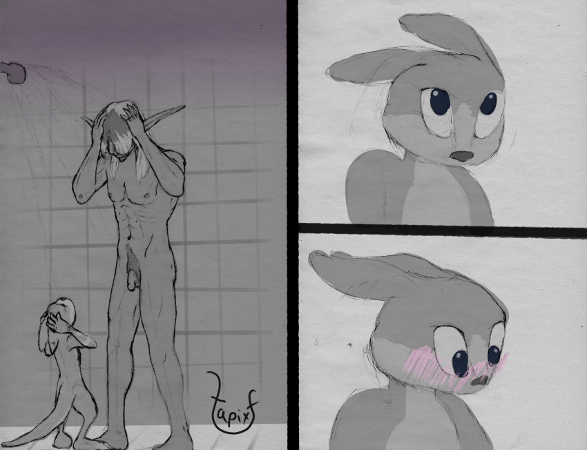 anthro bathing blush blush_lines body_hair daxter duo flaccid genitals hair happy_trail hi_res human human_on_anthro humanoid humanoid_genitalia humanoid_penis humanoid_pointy_ears hybrid interspecies jak jak_and_daxter male male/male mammal multicolored_hair muscular muscular_male mustelid naughty_dog ottsel penis shower showering showering_together shy size_difference sony_corporation sony_interactive_entertainment tapixt voyeur washing_hair