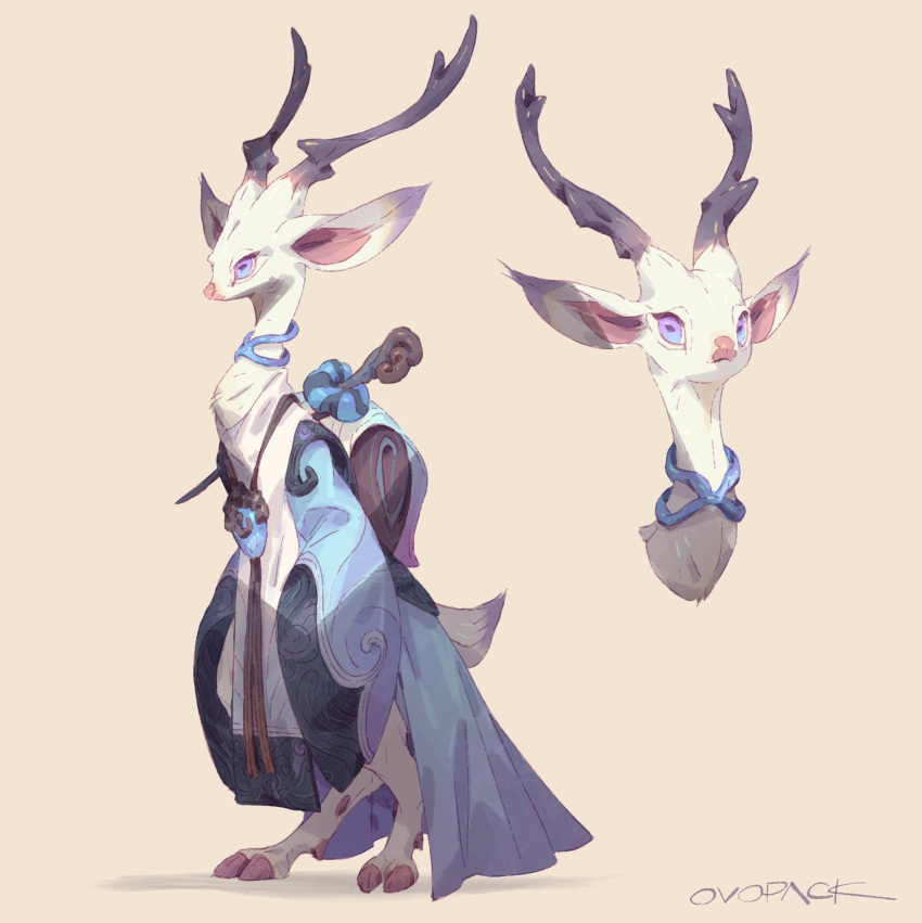 1other androgynous antlers artist_name backpack bag blue_collar blue_eyes blue_robe cloven_hooves collar commentary deer_tail digitigrade from_side full_body furry furry_other highres hooves horizontal_pupils horns jewelry multiple_views murayama_ryouta original pendant purple_eyes robe signature simple_background sleeves_past_fingers sleeves_past_wrists standing tail tail_through_clothes two-tone_eyes wide_sleeves yellow_background