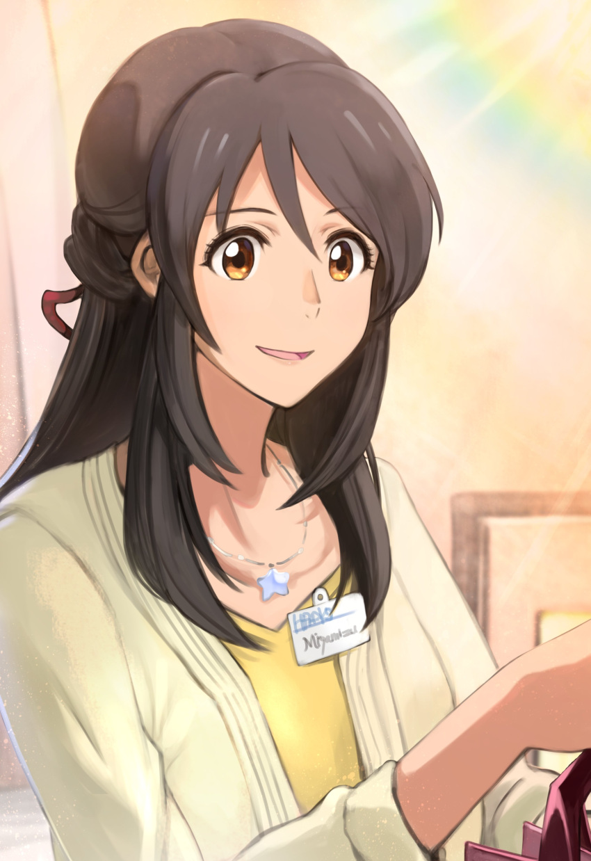 1girl :d absurdres aged_up brown_eyes brown_hair character_name collarbone commentary_request duralu500 green_jacket hair_ribbon highres indoors jacket jewelry kimi_no_na_wa. long_hair miyamizu_mitsuha name_tag necklace open_clothes open_jacket open_mouth red_ribbon ribbon shirt sidelocks smile solo star_(symbol) star_necklace yellow_shirt
