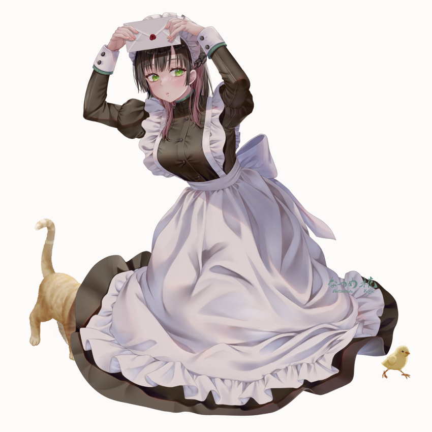 1girl apron bird black_dress black_hair breasts cat colored_inner_hair dress duck duckling green_eyes large_breasts love_letter maid maid_apron maid_headdress multicolored_hair natsume_koji original parted_lips pink_hair simple_background solo