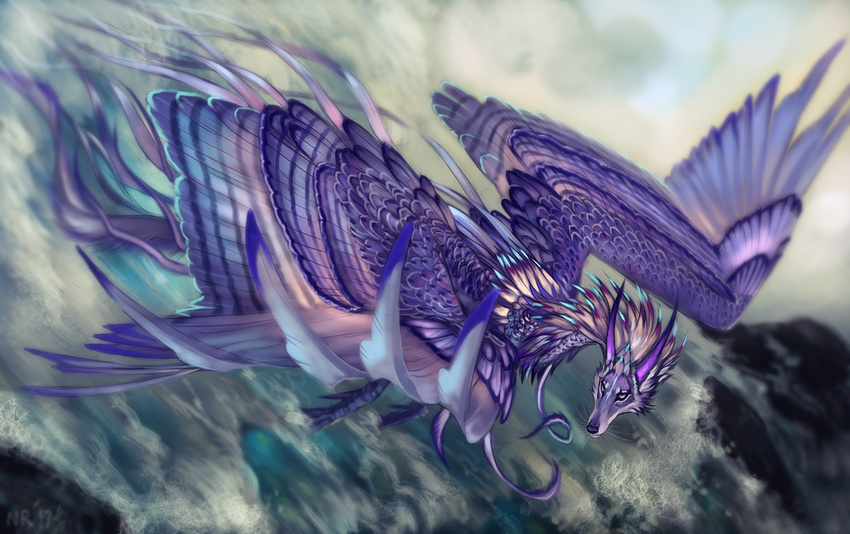 ambiguous_gender canine detailed_background feathered_wings feathers feral flying hybrid mammal purple_eyes purple_feathers purple_nose solo tatchit water wings