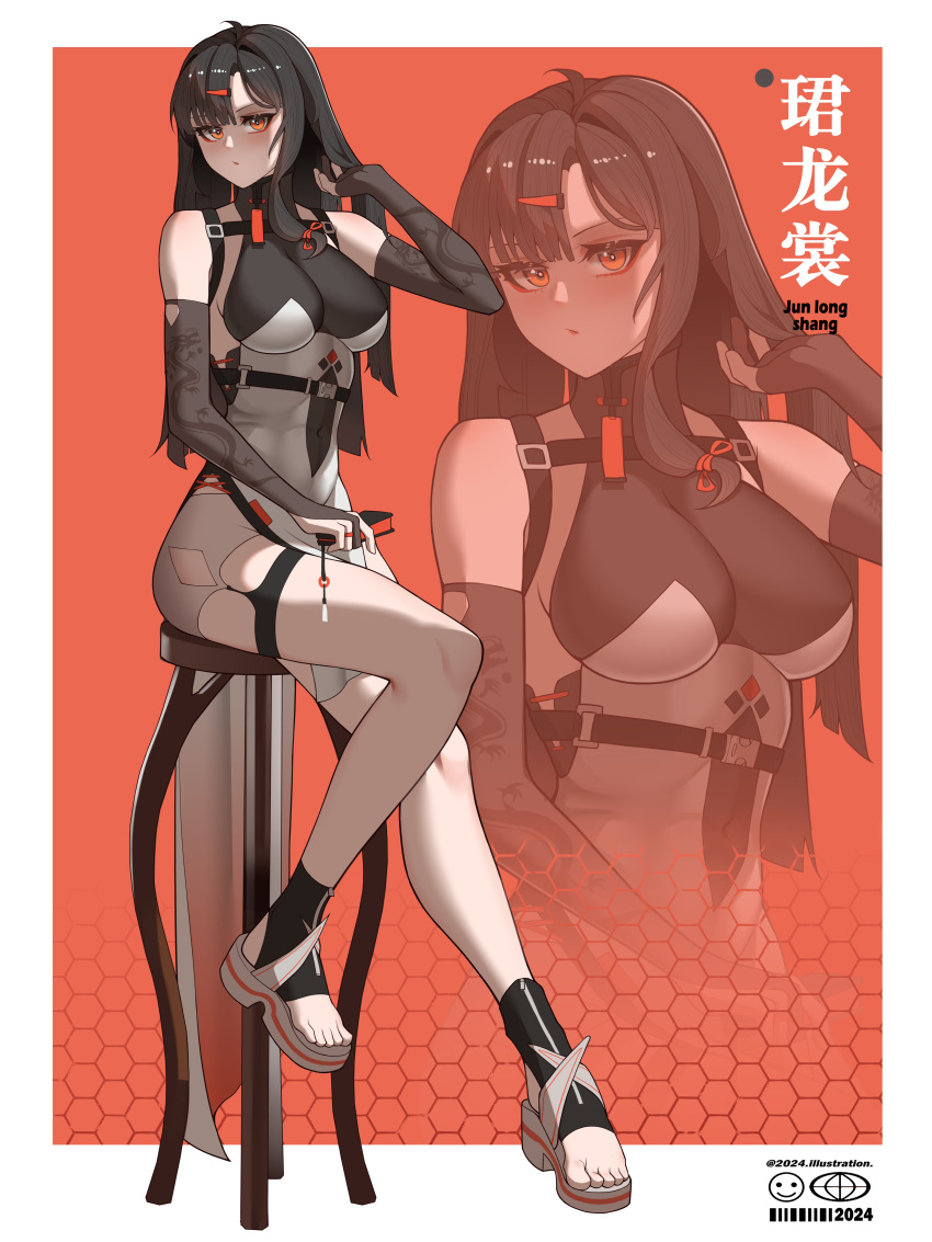 1girl 2024 absurdres alternate_costume black_gloves black_hair blush breasts bridal_gauntlets china_dress chinese_clothes chinese_text cleavage covered_navel dress elbow_gloves folding_fan full_body girls'_frontline gloves hair_ornament hairpin hand_fan highres holding holding_fan inset_border ji_shiguo_(b.d.) long_hair looking_at_viewer orange_eyes qbz-191_(girls'_frontline) sandals sitting solo stool white_dress white_footwear zoom_layer