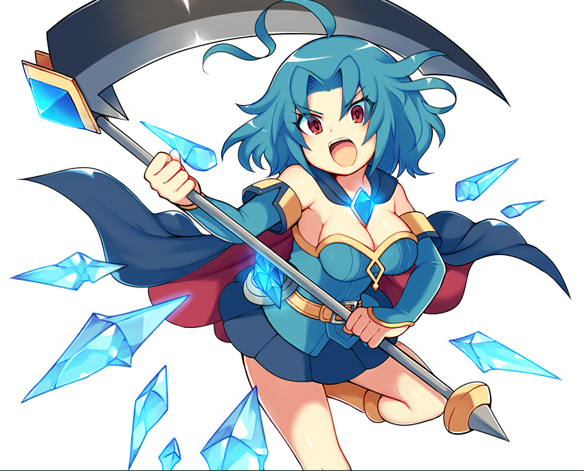 absurdres aru_(majin_shoujo) bare_shoulders blue_hair brave_dungeon breasts highres majin_shoujo non-web_source red_eyes resized sickle thighhighs upscaled