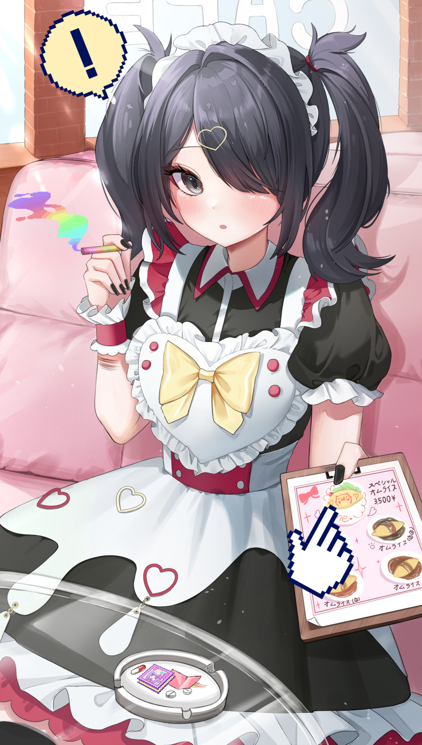 ! 1girl absurdres ame-chan_(needy_girl_overdose) apron black_dress black_hair black_nails cafe chouzetsusaikawa_tenshi-chan cigarette clipboard collared_dress commentary couch cowboy_shot cursor cuts day dress drugs frilled_dress frills grey_eyes hair_over_one_eye hand_up highres holding holding_cigarette holding_clipboard indoors injury kaho_oco long_hair looking_at_viewer lsd maid maid_headdress menu nail_polish needy_girl_overdose official_alternate_costume on_couch open_mouth pill puffy_short_sleeves puffy_sleeves self-harm self-harm_scar short_sleeves sitting smoke solo spoken_exclamation_mark sweets_paradise symbol-only_commentary table twintails white_apron