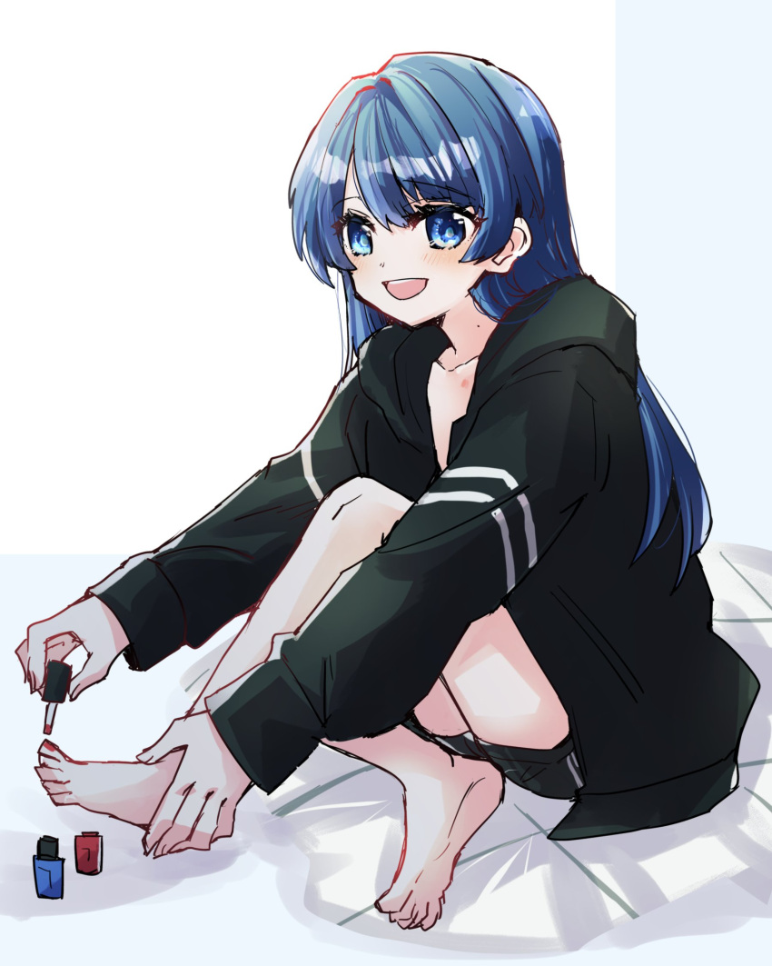 1girl :d black_jacket black_shorts blue_eyes blue_hair blush collarbone commentary_request crossed_legs hickey highres holding_own_foot jacket kanduki_kamibukuro light_blush link!_like!_love_live! long_hair long_sleeves love_live! mole mole_on_neck murano_sayaka nail_polish on_bed painting_nails shorts sitting smile solo toenail_polish toenails