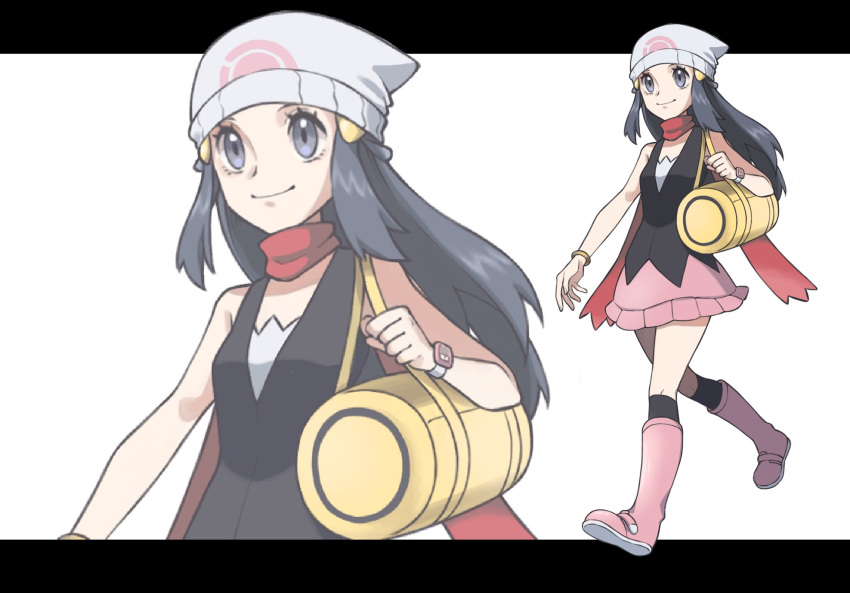 1girl ayan_ip bag beanie black_hair black_shirt black_socks boots bracelet closed_mouth commentary_request dawn_(pokemon) duffel_bag eyelashes grey_eyes hair_ornament hairclip hat highres holding_strap jewelry kneehighs long_hair pink_footwear pink_skirt pokemon pokemon_dppt red_scarf scarf shirt sidelocks skirt sleeveless sleeveless_shirt smile socks walking white_background white_headwear yellow_bag zoom_layer