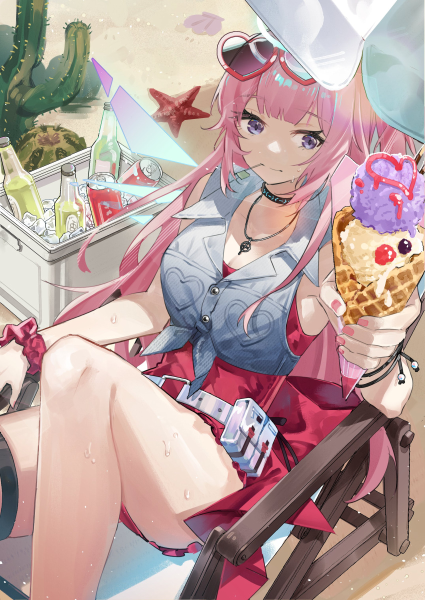 1girl absurdres ambriel_(arknights) ambriel_(holiday)_(arknights) arknights beach beer_bottle beer_can breasts can chair choker cleavage closed_mouth cooler crop_top denim_shirt dress drink_can eyewear_on_head feet_out_of_frame food heart heart-shaped_eyewear high-waist_skirt highres holding holding_food holding_ice_cream ice_cream incoming_food infection_monitor_(arknights) jewelry knee_up large_breasts long_bangs long_hair looking_at_viewer lounge_chair mouth_hold nail_polish outdoors pendant pink_hair pink_nails purple_eyes red_dress shidare_(youh4016) shirt sidelocks sitting skindentation skirt sleeveless sleeveless_shirt smile solo sunglasses sweat thigh_strap