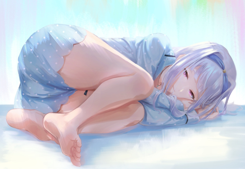 barefoot blue_hairband blue_pajamas blunt_bangs choppy_bangs commentary curtains fetal_position full_body grey_hair hairband head_rest highres idolmaster idolmaster_(classic) indoors long_hair lying morning on_bed on_side pajamas polka_dot polka_dot_pajamas polka_dot_shorts purple_eyes sayuumigi shijou_takane shorts very_long_hair waking_up