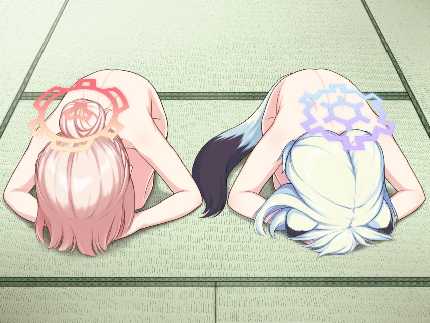 2girls absurdres animal_ears blue_archive blue_halo commentary_request completely_nude dogeza green_hair hair_bun halo highres multiple_girls naked_dogeza nodoka_(blue_archive) nude pink_hair red_halo shigure_(blue_archive) single_hair_bun tail tatami uno_(mon_chat_noir)
