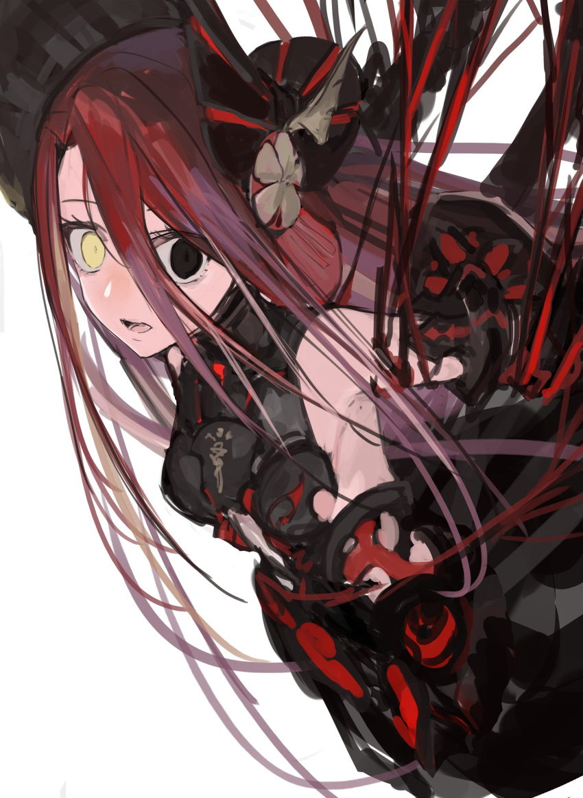 1girl armor armored_dress bare_shoulders black_armor black_dress black_eyes black_headwear bonnet breasts detached_sleeves dress fate/grand_order fate_(series) hair_between_eyes hanging heterochromia highres long_hair looking_at_viewer medium_breasts open_mouth red_hair simple_background solo typhon_ephemeros_(fate) very_long_hair white_background yellow_eyes yorurokujuu