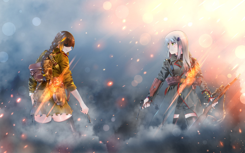 2girls battlefield battlefield_(series) battlefield_1 brown_eyes brown_hair closed_mouth eyepatch girls'_frontline green_eyes gun handgun highres hk416_(girls'_frontline) long_hair looking_at_another luger_p08 lzypoipoi m16a1_(girls'_frontline) m1911 multicolored_hair multiple_girls smile weapon white_hair