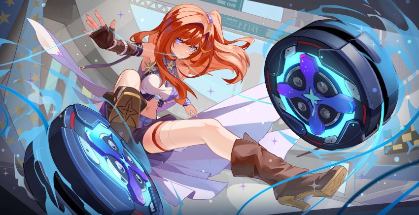 1girl absurdres ai_dongdong black_gloves boots brown_footwear commentary_request crop_top fingerless_gloves gloves highres honkai_(series) honkai_impact_3rd long_hair looking_at_viewer midriff navel one_side_up purple_eyes red_hair senadina_(honkai_impact) single_glove sleeveless solo stomach thigh_strap thighhighs white_thighhighs yo-yo