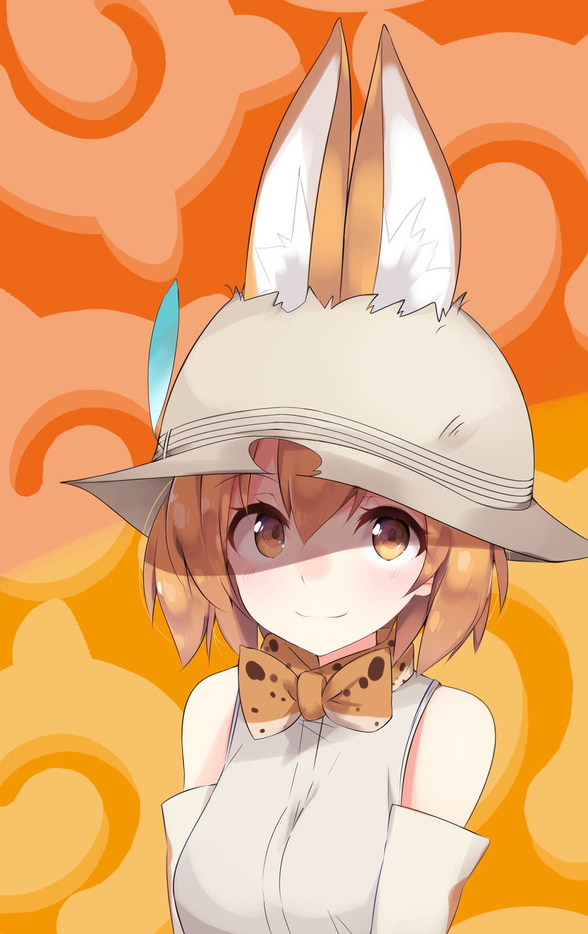 :3 absurdres animal_ears blonde_hair blush borrowed_garments bow bowtie closed_mouth commentary doorknoble ears_through_headwear elbow_gloves gloves hair_between_eyes hat hat_feather helmet highres japari_symbol kemono_friends looking_at_viewer nose_blush pith_helmet serval_(kemono_friends) serval_ears serval_print shirt short_hair sleeveless sleeveless_shirt solo upper_body white_shirt yellow_eyes