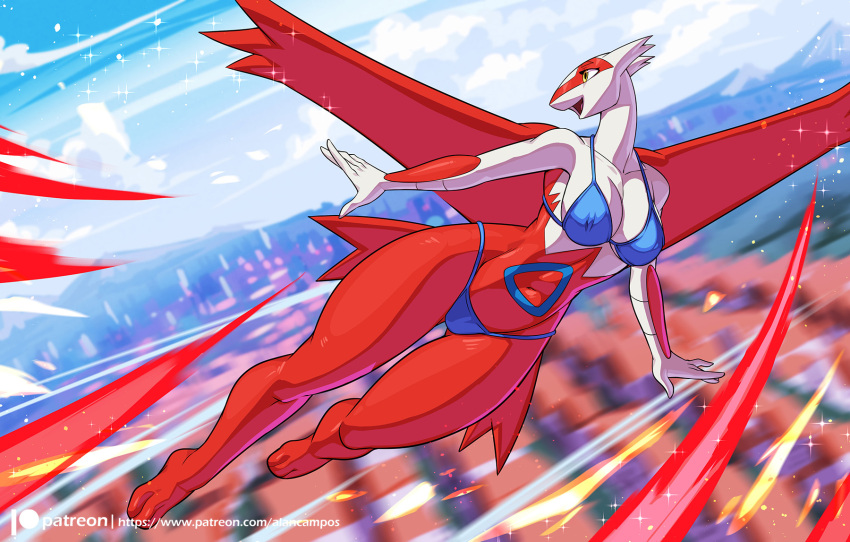 2024 alanscampos anthro bikini blue_bikini blue_clothing blue_swimwear breasts building butt_from_the_front clothing feet female flying generation_3_pokemon hi_res latias legendary_pokemon navel nintendo open_mouth open_smile outside pokemon pokemon_(species) red_body smile solo swimwear thick_thighs white_body yellow_eyes