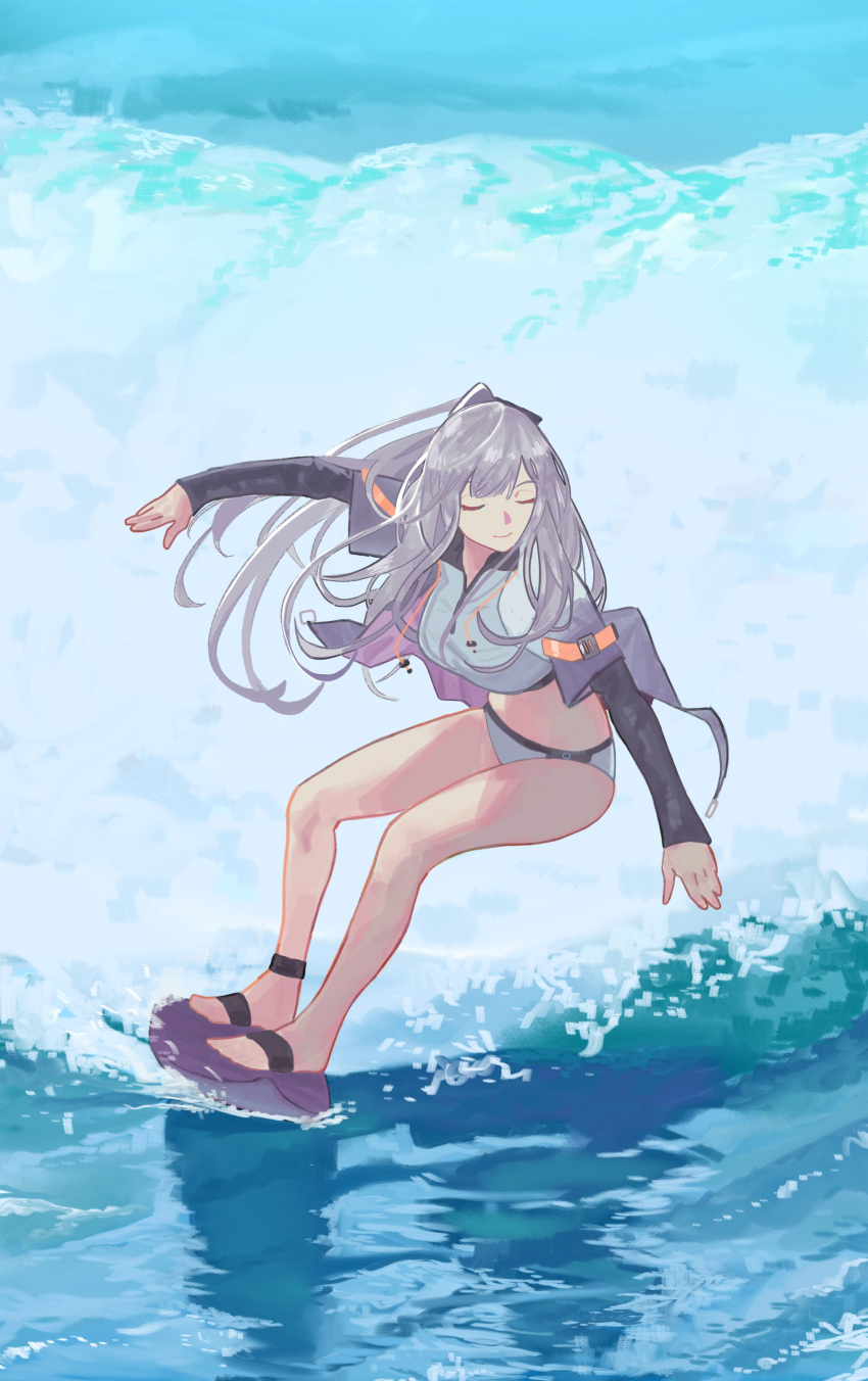 1girl absurdres ak-12_(age_of_slushies)_(girls'_frontline) ak-12_(girls'_frontline) bikini closed_eyes closed_mouth full_body girls'_frontline grey_hair grey_jacket highres izaru_31 jacket long_hair no_shoes official_alternate_costume open_clothes open_jacket smile solo surfboard surfing swimsuit water