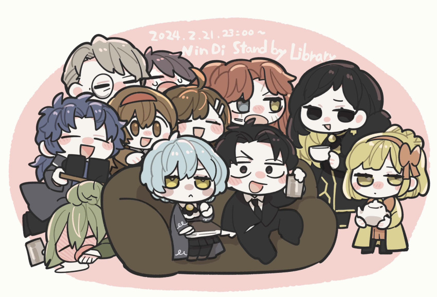 5boys 6+girls angela_(project_moon) beer_can binah_(project_moon) black_coat black_eyes black_hair black_suit blonde_hair blue_coat blue_hair book bow brown_hair can chesed_(project_moon) chibi closed_eyes coat couch cup drink_can drinking gebura_(project_moon) green_eyes green_hair hair_bow hair_ornament hairband hairclip highres hod_(project_moon) hokma_(project_moon) holding holding_book holding_cup kojocho05 library_of_ruina malkuth_(project_moon) monocle multiple_boys multiple_girls netzach_(project_moon) open_mouth pink_background project_moon purple_hair red_hair red_hairband roland_(project_moon) suit tiphereth_a_(project_moon) white_hair yellow_coat yellow_eyes yesod_(project_moon)