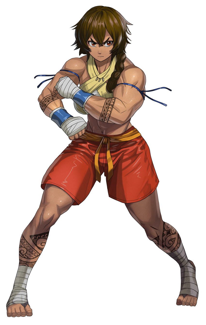 1girl absurdres arm_tattoo bandaged_foot bandaged_hand bandages braid breasts brown_eyes brown_hair commentary_request commission fighting_stance full_body hair_between_eyes highres jewelry leg_tattoo medium_breasts muay_thai muscular muscular_female navel necklace oggy_(oggyoggy) original pixiv_commission shorts solo standing tattoo transparent_background