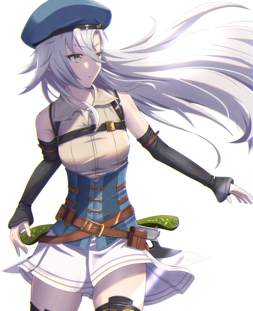 1girl absurdres beret breasts clothes_lift detached_sleeves eiyuu_densetsu fie_claussell floating_hair green_eyes gunblade hair_between_eyes hat highres kuro_no_kiseki long_hair simple_background skirt skirt_lift small_breasts solo weapon white_background white_hair witch_f