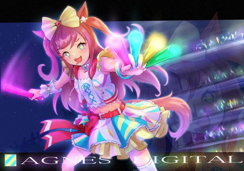 1girl agnes_digital_(umamusume) animal_ears arm_up asymmetrical_legwear bead_necklace beads belt blue_eyes blush bow character_name commentary_request cowboy_shot crop_top dated drooling grey_background hair_bow hand_up holding_glowstick horse_ears horse_girl horse_tail jewelry layered_skirt letterboxed long_hair looking_at_viewer loose_socks mouth_drool navel necklace open_mouth outstretched_arm peteron pink_hair shoes single_sock single_thighhigh skirt sleeveless sleeveless_jacket smile socks solo star_(symbol) tail thighhighs twitter_username two_side_up umamusume uneven_legwear zoom_layer