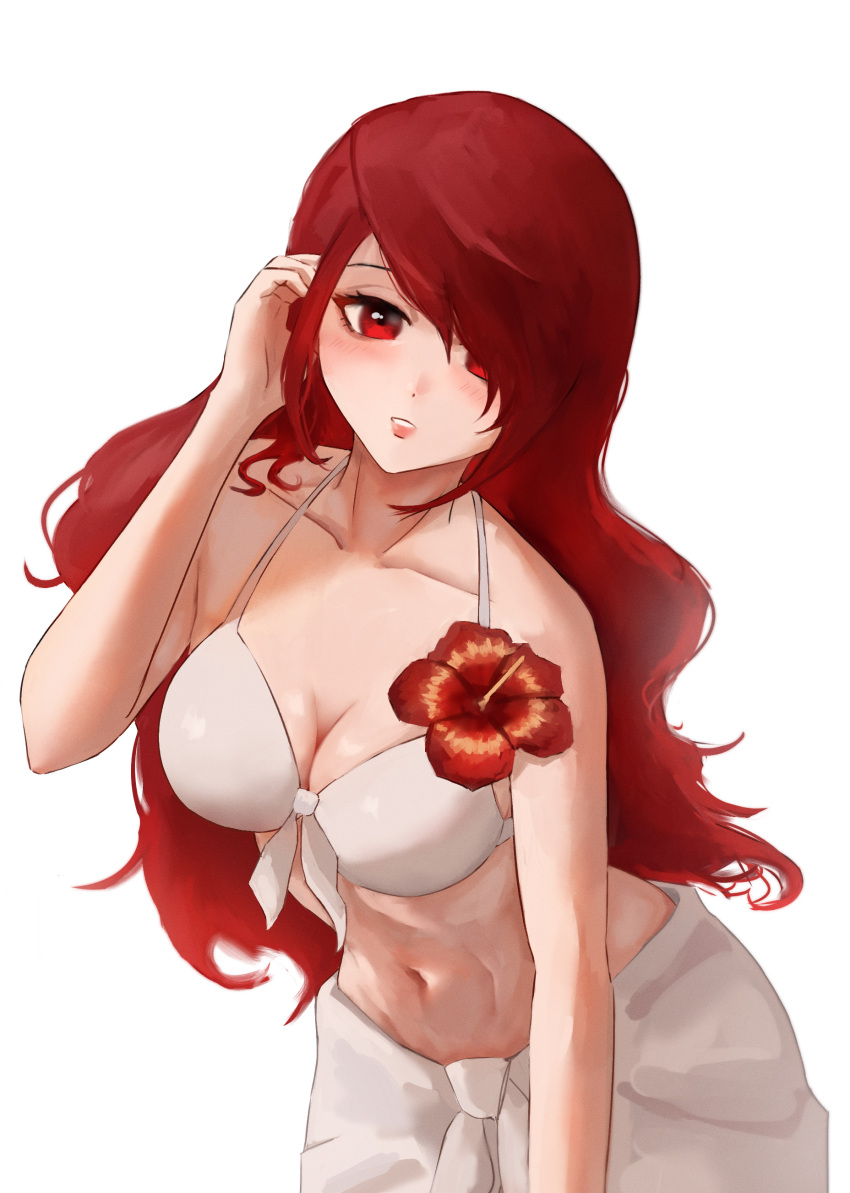 1girl absurdres bikini blush breasts collarbone commentary commission cowboy_shot english_commentary eyelashes flower front-tie_bikini_top front-tie_top hair_over_one_eye highres kirijou_mitsuru large_breasts leaning_forward long_hair looking_at_viewer n7grey navel official_alternate_costume one_eye_covered parted_bangs parted_lips persona persona_3 red_eyes red_flower red_hair sidelocks simple_background solo stomach swept_bangs swimsuit white_background white_bikini