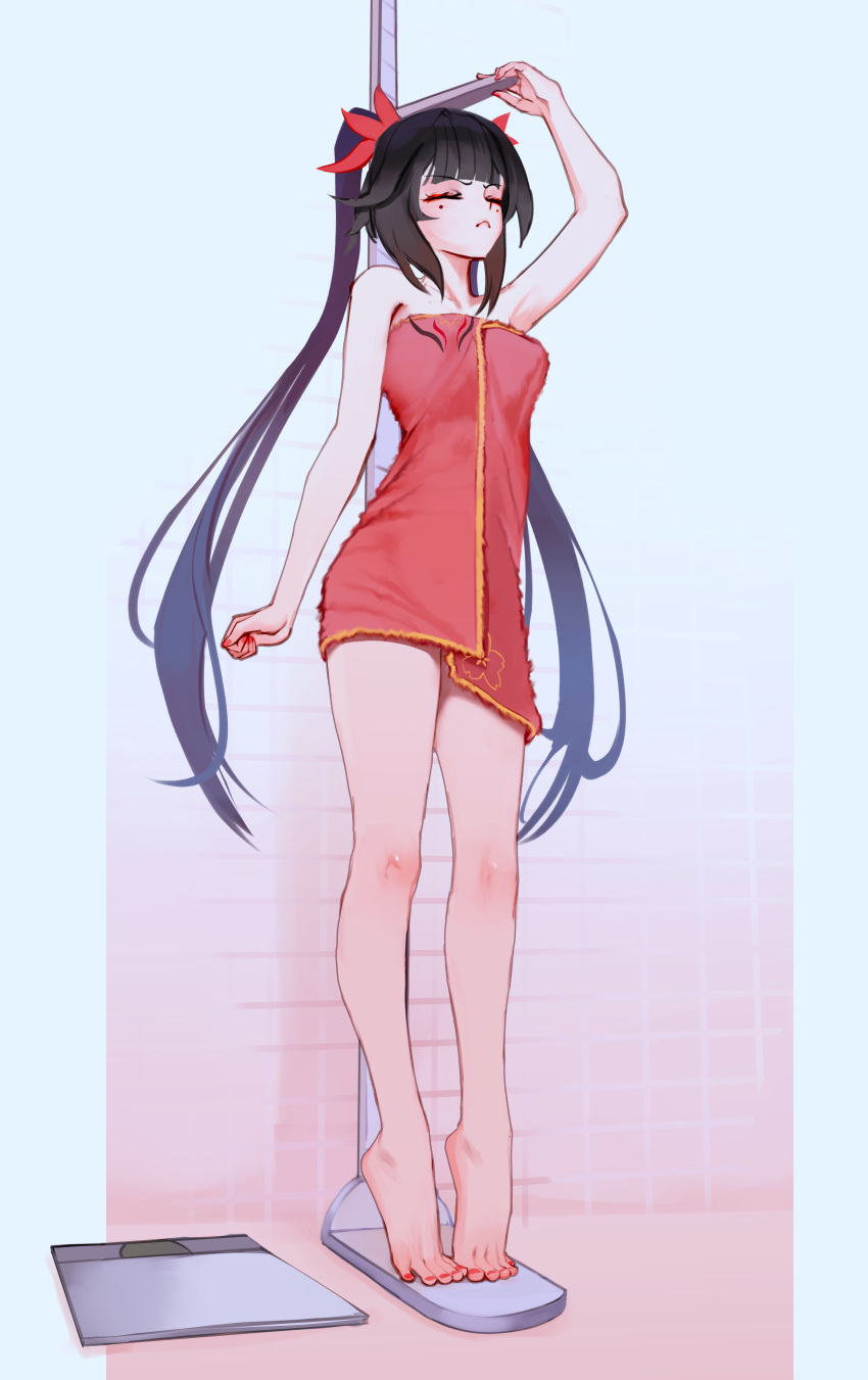 1girl absurdres arm_at_side bare_legs bathroom bow brown_hair closed_eyes closed_mouth eyeliner facing_ahead frown hair_bow highres honkai:_star_rail honkai_(series) legs_apart long_hair makeup measuring nail_polish naked_towel qweeliart red_bow red_eyeliner red_nails red_towel solo sparkle_(honkai:_star_rail) stadiometer thighs tile_wall tiles tiptoes toenail_polish toenails towel twintails very_long_hair weighing_scale