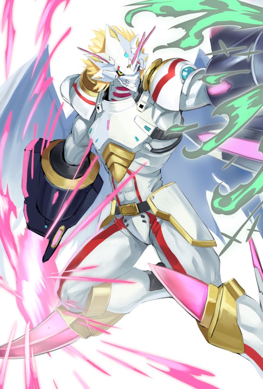 1boy abs arm_blade arm_cannon armor attack blonde_hair digimon digimon_ghost_game dragon energy_gun energy_sword firing highres horns short_hair shoulder_armor simple_background siriusmon slashing spikes sword torn_wings vgf-sppbd weapon white_background wings yellow_eyes