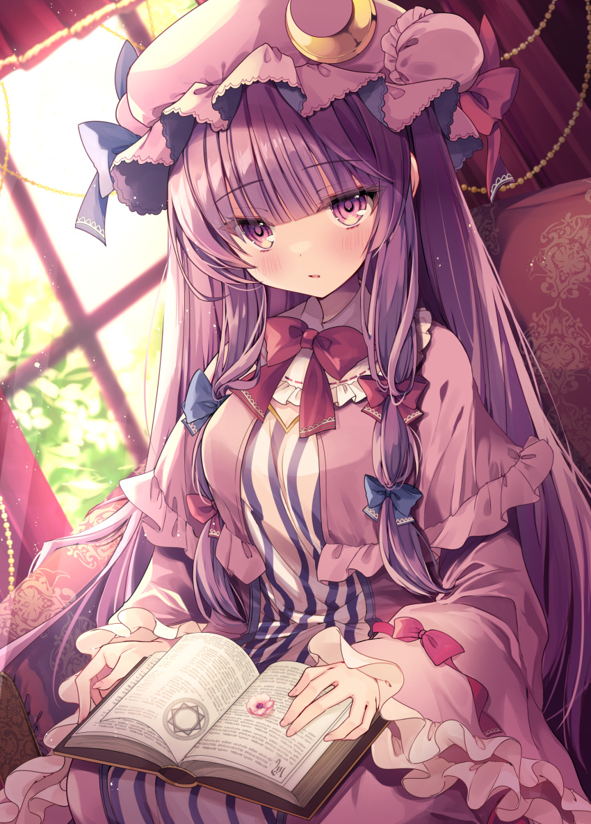 1girl blue_bow blush book bow breasts crescent crescent_hat_ornament dress fingernails frilled_sleeves frills hair_bow hat hat_ornament highres indoors kasane_(cynthia) large_breasts long_hair long_sleeves looking_at_viewer mob_cap open_book open_mouth patchouli_knowledge purple_dress purple_eyes purple_hair purple_headwear red_bow sidelocks sitting solo striped_clothes striped_dress touhou vertical-striped_clothes vertical-striped_dress wide_sleeves window
