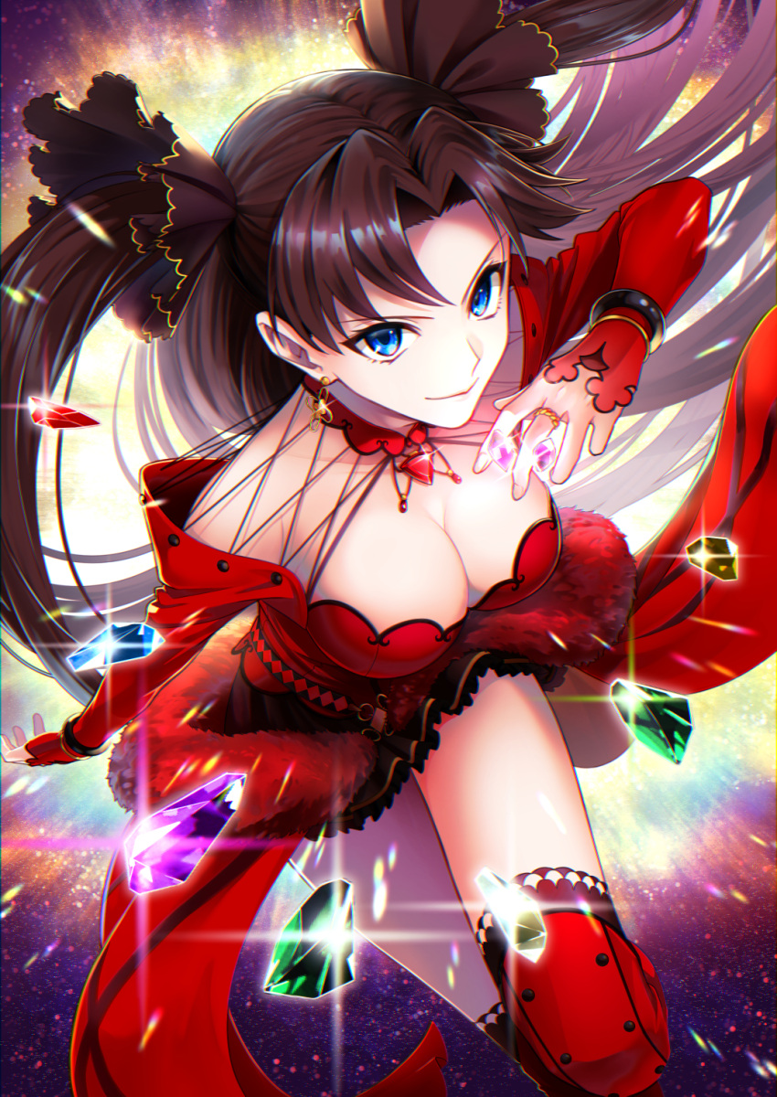 1girl bare_shoulders black_hair blue_eyes breasts brown_hair cleavage dress fate/stay_night fate_(series) gem highres jewelry karasaki large_breasts long_hair looking_at_viewer off-shoulder_dress off_shoulder parted_bangs red_dress ring smile solo thighhighs thighs tohsaka_rin two_side_up