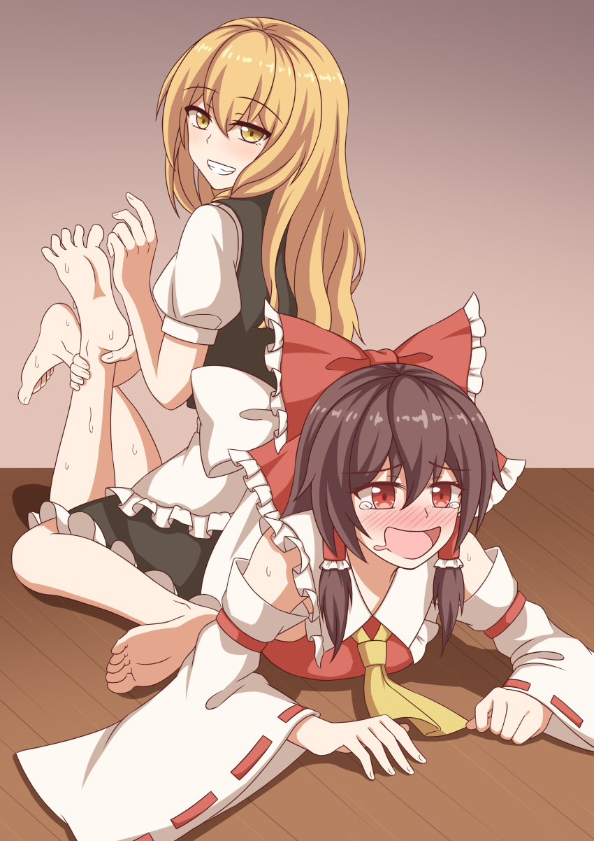 2girls absurdres apron ascot barefoot blonde_hair blush bow brown_hair commentary_request detached_sleeves frilled_bow frilled_hair_tubes frills girl_on_top grin hair_bow hair_tubes hakurei_reimu highres holding_another's_foot kirisame_marisa long_hair lying multiple_girls no_headwear on_stomach open_mouth piaoluo_de_ying_huaban puffy_short_sleeves puffy_sleeves red_bow red_eyes ribbon-trimmed_sleeves ribbon_trim short_sleeves sitting smile sweat tears tickling tickling_feet touhou waist_apron yellow_ascot yellow_eyes