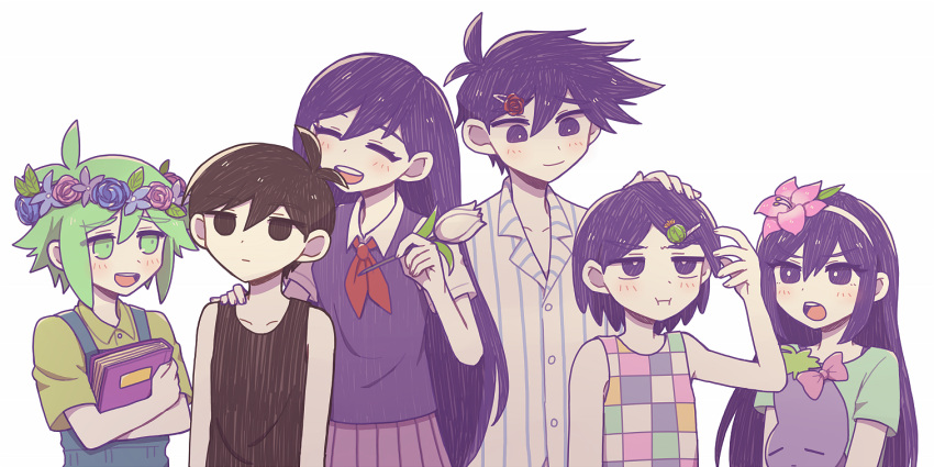 2girls 4boys antenna_hair aqua_shirt aubrey_(headspace)_(omori) aubrey_(omori) bare_shoulders basil_(headspace)_(omori) basil_(omori) black_eyes black_hair black_tank_top blue_overalls blue_pajamas book bow bright_pupils brother_and_sister brothers buttons cactus checkered_clothes checkered_shirt choichoice closed_eyes closed_mouth collarbone collared_shirt colored_skin expressionless flower gladiolus green_eyes green_hair green_shirt hair_between_eyes hair_ornament hairclip hand_on_another's_head hand_on_another's_shoulder head_wreath headband hero_(headspace)_(omori) hero_(omori) holding holding_book holding_flower holding_stuffed_toy kel_(headspace)_(omori) kel_(omori) long_hair long_sleeves looking_at_another looking_up mari_(headspace)_(omori) mari_(omori) multiple_boys multiple_girls neckerchief no_pupils omori omori_(omori) open_mouth overalls pajamas pink_bow pink_flower purple_eyes purple_hair purple_skirt purple_sweater_vest red_flower red_neckerchief red_rose rose shirt short_hair short_sleeves siblings simple_background skirt sleeveless smile striped_clothes striped_pajamas striped_shirt stuffed_eggplant stuffed_toy sweater_vest tank_top teeth tulip upper_teeth_only v-shaped_eyebrows vertical-striped_clothes vertical-striped_pajamas vertical-striped_shirt white_background white_flower white_headband white_pajamas white_pupils white_shirt white_skin