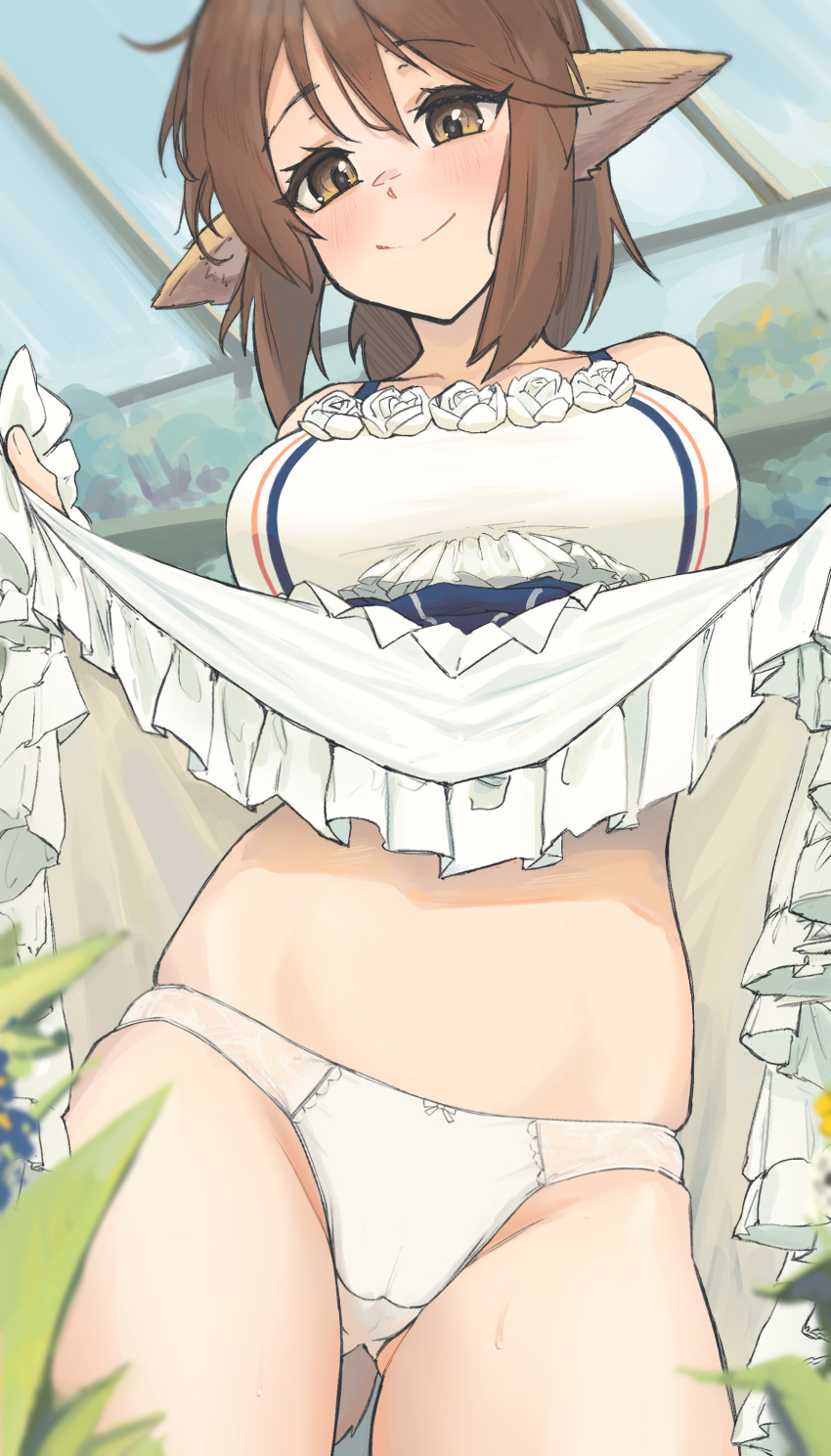 1girl absurdres animal_ears arknights brown_eyes brown_hair clothes_lift cowboy_shot dress dress_flower flower fox_ears fox_girl greenhouse highres lifted_by_self looking_at_viewer panties pantyshot perfumer_(arknights) ponytail radioneet rose skirt skirt_lift smile underwear white_dress white_flower white_panties white_rose