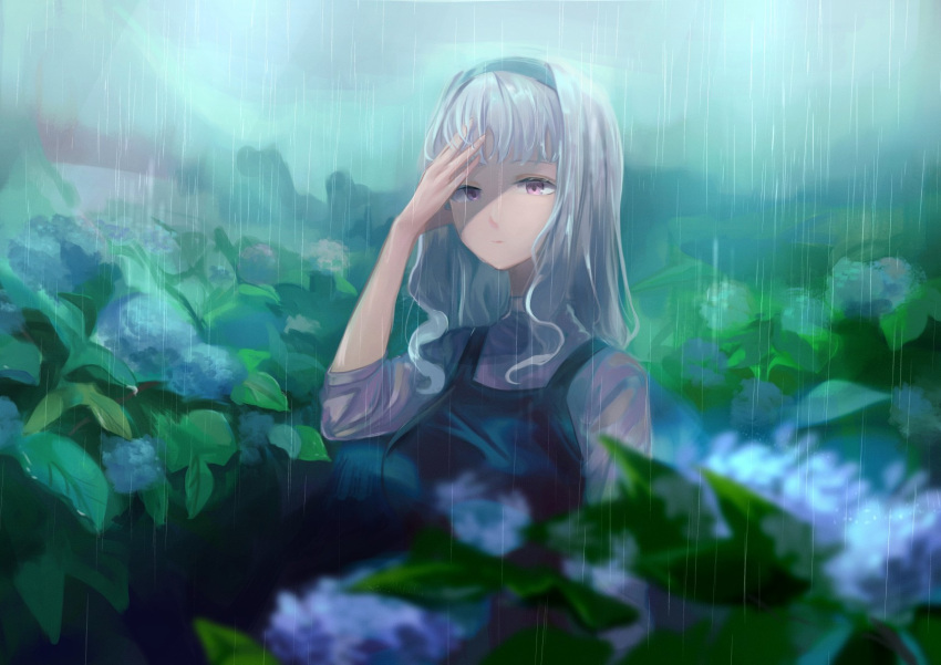 1girl black_hairband blunt_bangs commentary dress flower grey_hair hairband highres hydrangea idolmaster idolmaster_(classic) outdoors pinafore_dress purple_eyes rain sayuumigi shijou_takane sleeveless sleeveless_dress solo wet wet_clothes wet_hair