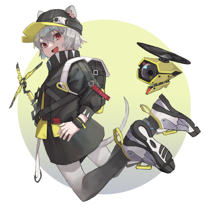 02_(0203rei_ni) 1girl :d absurdres animal_ears arknights bag baseball_cap black_jacket black_skirt camera click_(arknights) drone ears_through_headwear gradient_legwear hair_between_eyes hat highres infection_monitor_(arknights) jacket legs_up midair mouse_ears mouse_girl mouse_tail red_eyes shoes short_hair skirt smile sneakers solo tail