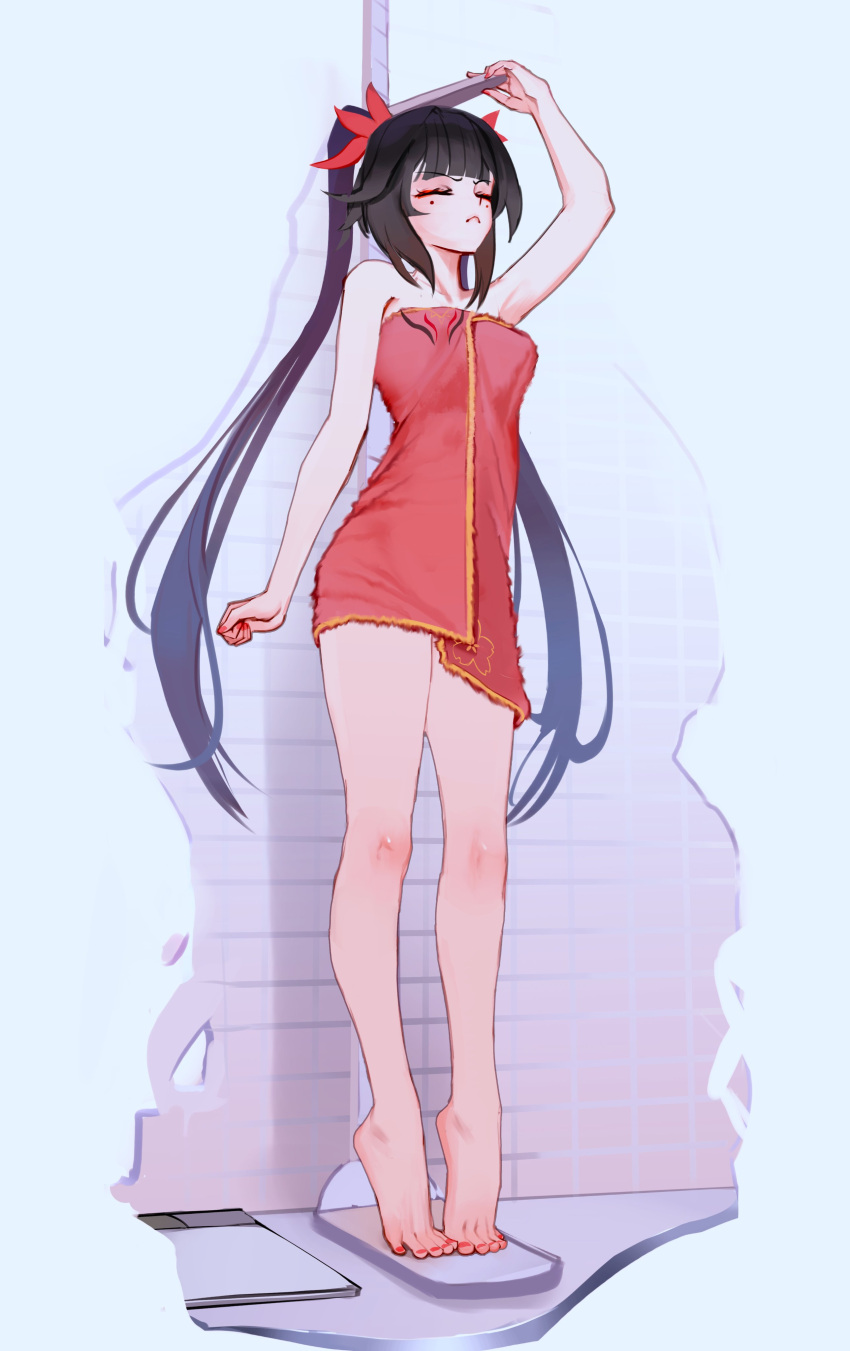 1girl absurdres arm_at_side bare_legs bathroom bow brown_hair closed_eyes closed_mouth eyeliner facing_ahead frown hair_bow highres honkai:_star_rail honkai_(series) legs_apart long_hair makeup measuring nail_polish naked_towel qweeliart red_bow red_eyeliner red_nails red_towel solo sparkle_(honkai:_star_rail) stadiometer thighs tile_wall tiles tiptoes toenail_polish toenails towel twintails very_long_hair weighing_scale