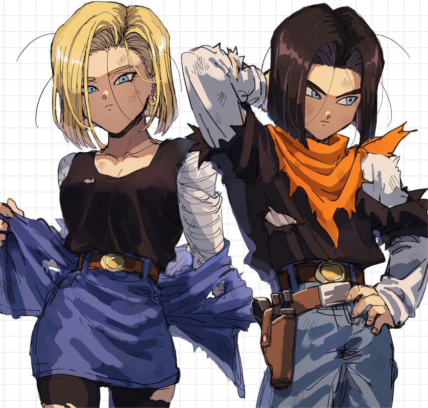 1boy 1girl android_17 android_18 black_hair blonde_hair blue_eyes breasts brother_and_sister cleavage dragon_ball dragon_ball_z highres kometubu0712 medium_hair short_hair siblings torn_clothes