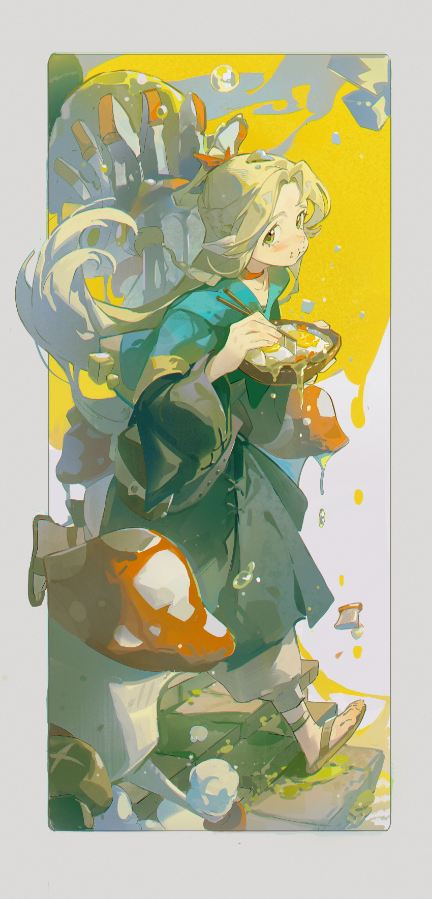 1girl absurdres blonde_hair blue_capelet blue_robe book_holster border bowl braid bubble capelet chinese_commentary chopsticks commentary crumbs dripping dungeon_meshi egg elf food food_in_mouth food_on_face french_braid green_eyes highres holding holding_bowl holding_chopsticks long_hair looking_at_viewer marcille_donato moss mushroom on_stairs pants pointy_ears puffy_cheeks red_ribbon ribbon robe sandals sanyang003 shiitake sliced stairs stone_stairs very_long_hair walking_mushroom_(dungeon_meshi) white_border white_pants wide_sleeves yellow_background