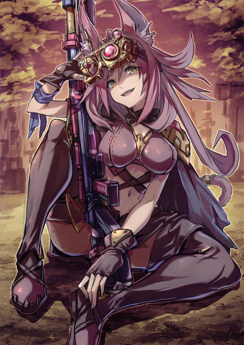1girl animal_ears armband boots breasts cat_ears cat_tail cleavage commentary duel_monster fingerless_gloves gloves gun highres large_breasts long_hair navel pink_hair revision rifle shouma_(bravespiritya) sitting smile sniper_rifle stomach tail thigh_boots tri-brigade_ferrijit_the_barren_blossom weapon yellow_eyes yu-gi-oh!