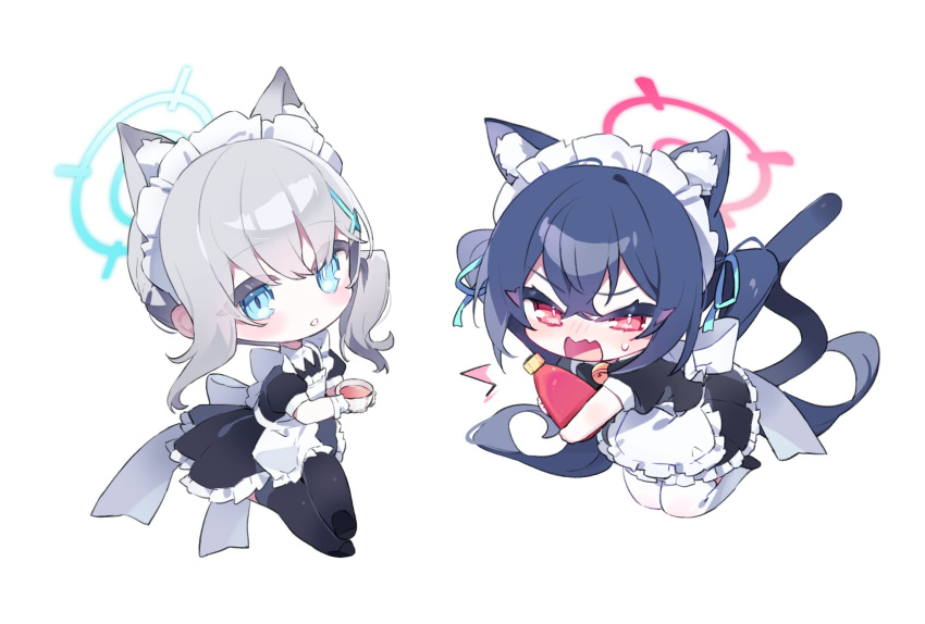 2girls alternate_costume animal_ear_fluff animal_ears apron black_dress black_thighhighs blue_archive blue_eyes blue_hair bright_pupils cat_ears cat_tail chibi crossed_bangs cup dress enmaided frilled_dress frills gloves grey_hair hair_between_eyes hair_ribbon halo highres holding holding_cup long_hair looking_at_viewer maid maid_apron maid_headdress medium_hair meunhongcha mismatched_pupils multiple_girls open_mouth parted_lips red_eyes ribbon serika_(blue_archive) shiroko_(blue_archive) short_sleeves simple_background sweat tail thighhighs twintails white_apron white_background white_gloves white_pupils white_thighhighs wolf_ears