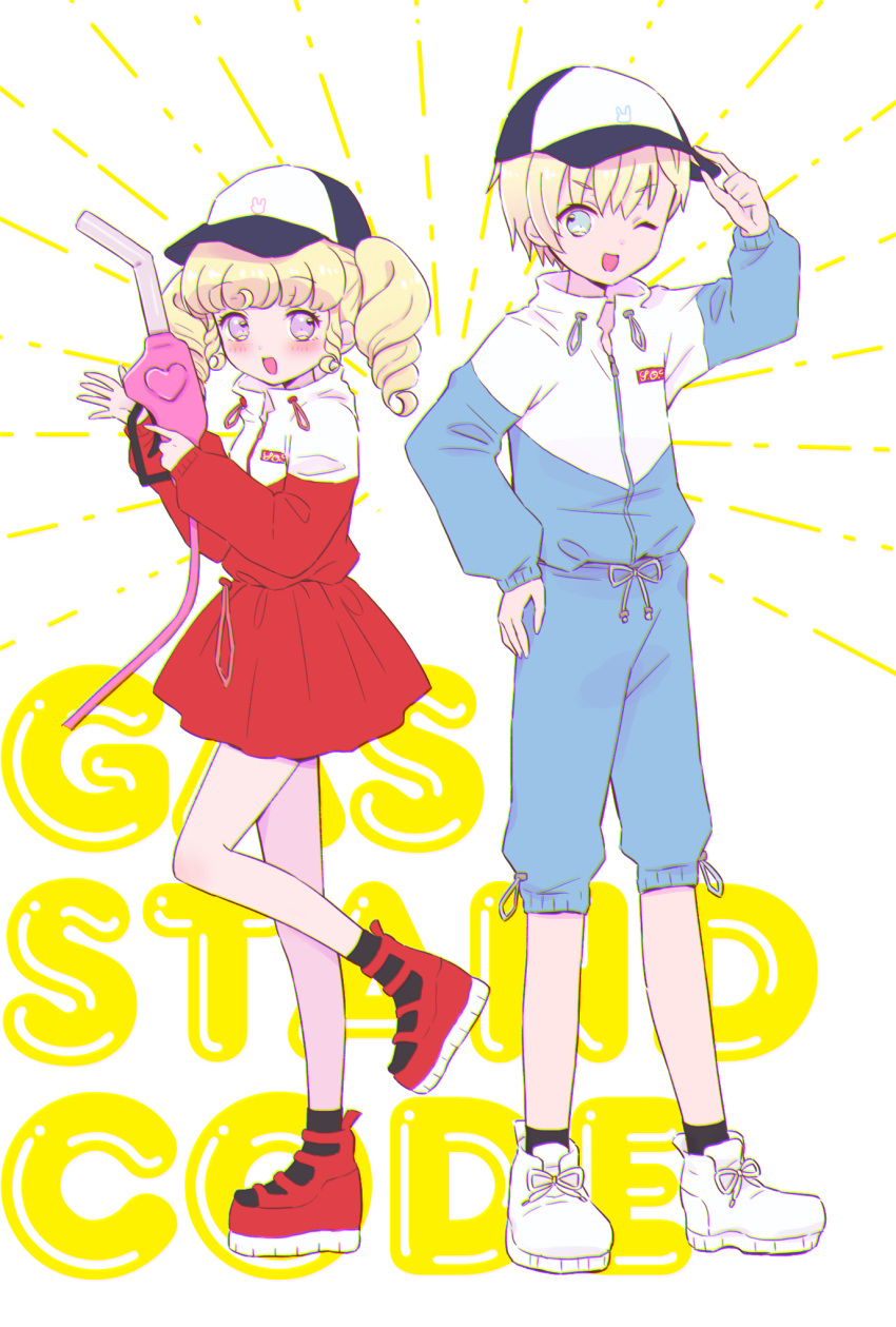 1boy 1girl ;d arm_up baseball_cap blonde_hair blue_eyes blue_jacket blue_pants brother_and_sister english_text full_body gas_pump_nozzle hand_on_headwear hand_on_own_hip hands_up hat highres holding hoshikuzu_(pinkholic) idol_time_pripara jacket long_hair long_sleeves looking_at_viewer one_eye_closed open_mouth pants pleated_skirt pretty_series pripara red_footwear red_jacket red_skirt shoes short_hair siblings skirt smile standing standing_on_one_leg twintails white_background white_footwear yumekawa_shogo yumekawa_yui