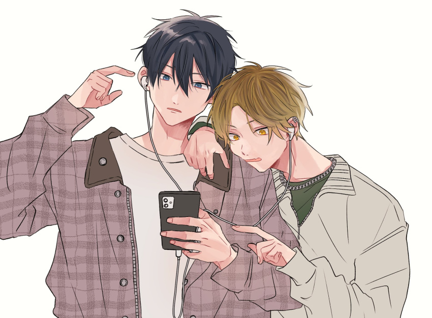 2boys black_hair blonde_hair blue_eyes cellphone chain_necklace ear_piercing earphones given green_shirt head_on_another's_shoulder highres holding holding_phone jacket jewelry kashima_hiiragi_(given) listening_to_music male_focus multiple_boys multiple_piercings necklace open_mouth phone piercing rtrggv shared_earphones shirt simple_background smartphone uenoyama_ritsuka white_background white_shirt