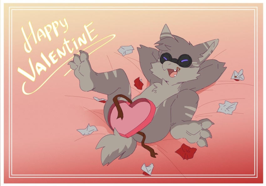 ambiguous_gender anthro box_of_chocolates candy chocolate claws crimsonrabbit dessert eyewear fangs feet food goggles gremlin_(spiral_knights) hands_behind_head holidays legs_up looking_at_viewer lying nude on_back presenting smile soles solo spiral_knights spread_legs spreading tail teeth toe_claws valentine's_day valentine's_day_card